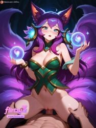 1boy 1girl ahri ai_assisted ai_generated alternate_hair_color animal_ear_fluff animal_ears artist_name bare_shoulders black_legwear blush breasts cowgirl_position energy_ball facial_mark fox_ears fox_girl fox_tail girl_on_top glowing heart heart-shaped_pupils hetero impregnation kyuubi large_breasts long_hair looking_at_viewer magic mole_on_thigh multiple_tails navel open_mouth orb patreon_username penis pov pov_crotch pussy pussy_juice rating:explicit sex solo_focus straddling sweat symbol-shaped_pupils tail thigh_grab thighhighs uncensored vaginal vastaya watermark web_address whisker_markings wolf_tail