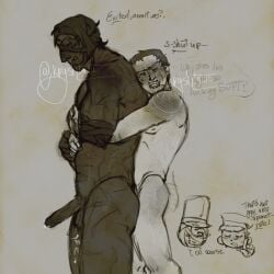 bigger_sub buff dark_skin gay guts_&_blackpowder guts_and_blackpowder hans_(kryshta111) humping light_skin ocxoc rubbing_thigh scar scars short_hair shy size_difference smaller_top smile swanto_(kryshta111) tagme