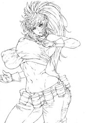 1girls abs absurdres alternate_breast_size bare_shoulders big_breasts bonten breasts cleavage earrings erect_nipples female fighting_stance gas_can gloves highres hips huge_breasts ikari_warriors jewelry king_of_fighters large_breasts leona_heidern line_art long_hair looking_at_viewer midriff military military_uniform muscular_female navel no_bra pants parted_lips perky_breasts ponytail puffy_nipples snk soldier solo tank_top uniform white_background wide_hips