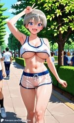 1girls ai_generated breasts casual covered_nipples covered_pussy crowd encoder exhibitionism female large_breasts nipples_visible_through_clothing outdoors outside park public pussy_visible_through_clothes see-through see-through_clothing shorts smile smiling tank_top transparent_clothing tree uncensored underboob uzaki-chan_wa_asobitai! uzaki_hana walking