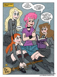 4girls blonde_hair blush blushing bondage book broom broomstick brown_hair clothing comic domination english_text femdom femsub ginger_hair ginny_weasley hairband harry_potter hermione_granger hiarband hogwarts hogwarts_school_uniform holding_book holding_object jeans kinky_curses kneeling learning lezdom lipstick luna_lovegood magic_wand multiple_girls multiple_subs nymphadora_tonks orange_hair pink_hair reading reading_book red_hair red_lipstick room_of_requirement rope rope_bondage school school_uniform schoolgirl schoolgirl_uniform self_bondage sitting sitting_on_floor skirt snitch speech_bubble student submissive talking teaching text tied tied_legs uniform wand witch yes_i_did yuri