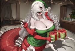 1girls ai_generated anthro breasts centipede centipede_girl centipede_humanoid christmas christmas_out christmas_tree claws clothed clothing drill_hair fangs female four_arms hair_over_eye hair_over_one_eye holidays horror horror_(theme) insect_girl insects large_breasts long_hair monster_girl multi_arm multi_limb omunique_(paigen) original original_character paigen red_sclera red_skin sharp_nails spiral_eyes swirly_eyes two-tone_skin white_eyes white_hair white_skin