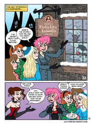 5girls blonde_hair brown_hair choker clothed coat comic corset dialogue dominatrix english_text female female_only fetish_wear freckles fully_clothed ginger_hair ginny_weasley gloves green_eyes gryffindor happy harry_potter headband hermione_granger hogsmeade hufflepuff jacket kinky_curses latex latex_suit lipstick long_hair luna_lovegood neckwear nymphadora_tonks orange_hair original_character outside pink_hair ravenclaw red_clothing red_hair red_lipstick shop shop_window shopkeeper shopping showing smile smiling snow speech_bubble store tagme talking text undressing village window winter winter_clothes witch_(harry_potter) yes_i_did yuri