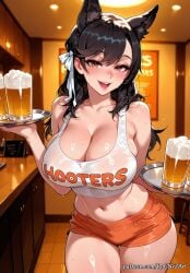 1girl 2026 ai_generated alcohol animal_ears anime atago_(azur_lane) azur_lane bangs bare_shoulders beer beer_mug black_hair blush boobs breasts brown_eyes cat_ears cleavage collarbone crop_top crossover cup extra_ears eye_contact female female_focus flushed hair_ribbon highres holding huge_breasts indoors inside large_breasts long_hair looking_at_viewer midriff moaning mole mole_under_eye mug navel nsfw open_mouth orange_shorts patreon ribbon rognezart short_shorts shorts smile smiling solo sweat sweaty swept_bangs tank_top tray uniform very_long_hair waitress wet wet_clothes white_ribbon white_tank_top