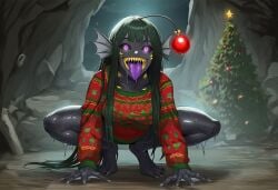1girls ai_generated anglerfish anglerfish_humanoid anthro black_sclera black_skin breasts christmas christmas_out christmas_tree claws clothed clothing female fins fish_girl fishman gills glowing_eyes green_hair grey_skin holidays horror horror_(theme) jenny_(paigen) long_hair looking_at_viewer medium_breasts monster_girl original original_character paigen purple_eyes sharp_nails sharp_teeth sharp_toenails two-tone_skin webbed_feet webbed_hands