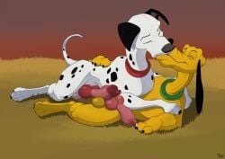 101_dalmatians animal_genitalia animal_penis balls bodily_fluids canid canine canine_genitalia canine_penis canis collar dalmatian digital_media_(artwork) disney domestic_dog duo erection eyes_closed feet feral feral_on_feral fur genital_fluids genitals hi_res kissing knot leaking_precum lying male male/male mammal markings mcfan on_side paws penis penis_touching pluto_(disney) pongo precum precum_string romantic romantic_ambiance simple_background smile spots spotted_body tail toes white_body white_fur