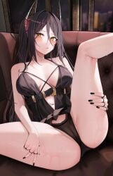 1girls arknights belly_button big_breasts black_hair black_nails black_panties blush breasts female female_only horns indoors ines_(arknights) light-skinned_female light_skin looking_at_viewer on_sofa panties ru_zhai sofa solo spread_legs