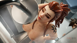 2girls 3d areolae big_breasts blender breasts brigitte brigitte_lindholm completely_nude eyes_closed female female_only fireboxstudio large_breasts lena_oxton nipples nude overwatch shower shower_head showering spying towel towels tracer voyeur water water_drop wet wet_skin yuri