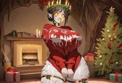 1girls ai_generated black_hair breasts candles christmas christmas_out christmas_tree clothed clothing crown female fire fire_eyes goo_creature hair_bun holidays horror horror_(theme) huge_breasts jewelry looking_at_viewer melting monster_girl original original_character paigen pointy_ears red_eyes seraphina_(paigen) short_hair wax wax_creature wax_girl white_skin