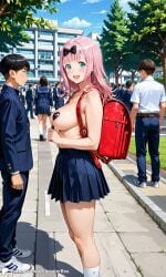 1girls ai_generated backpack bare_legs big_breasts breasts building casual casual_nudity city crowd encoder exhibitionism female fujiwara_chika heart_pasties immoral_uniform kaguya-sama_wa_kokurasetai_~tensai-tachi_no_renai_zunousen~ long_hair looking_at_viewer outdoor_nudity outdoors outside partially_clothed partially_nude pasties pink_hair public_exposure public_nudity school school_uniform schoolgirl side_view sideboob skirt smile smiling street topless uncensored