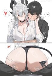 1boy 1girls 2d 2d_(artwork) 2koma arms_around_partner arms_around_waist big_ass big_breasts black_hair black_panties blush buttjob buttjob_over_clothes cameltoe choker dark_hair earrings female heart horns hug kiss_mark kiss_mark_on_face kiss_marks light-skinned_female light-skinned_male light_skin male male/female male_pov male_rover_(wuthering_waves) multicolored_hair panties red_eyes rover_(wuthering_waves) rubbing rubbing_penis sitting sitting_on_person tail teasing thong unrulyfriedrice white_hair wholesome wuthering_waves yellow_eyes zani_(wuthering_waves)