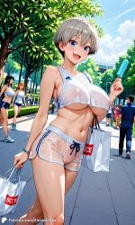 1girls ai_generated breasts casual covered_nipples covered_pussy crowd encoder exhibitionism female ice_cream large_breasts nipples_visible_through_clothing outdoors outside park popsicle public pussy_visible_through_clothes see-through see-through_clothing shopping_bag shorts smile smiling tank_top transparent_clothing tree uncensored underboob uzaki-chan_wa_asobitai! uzaki_hana walking