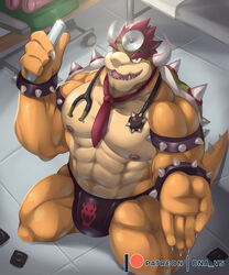 2019 4_fingers abs absurd_res anthro biped bna_v5 bowser clothing condom detailed_background digital_media_(artwork) dr._bowser dr._mario_(series) fingers front_view hair hi_res horn kneeling koopa looking_at_viewer male male_only mario_(series) muscular muscular_anthro muscular_male necktie nintendo nipples pecs red_eyes red_hair reptile scalie sex_toy sexual_barrier_device smile solo stethoscope thong underwear video_games