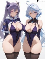 2girls ai_generated arms_behind_back bangs bare_shoulders blue_eyes blue_hair blush breast_press breasts brown_thighhighs christmas closed_mouth curvy earrings elbow_gloves furina_(genshin_impact) genshin_impact hair_between_eyes hair_ornament hi_res high_quality high_resolution highres hoyoverse jewelry keqing_(genshin_impact) large_breasts legs light lingerie lips long_hair looking_at_viewer navel navel_cutout nose one_eye_closed opal_nemy patreon_logo patreon_url patreon_username plain_background purple_eyes purple_hair ribbon self_upload shadow simple_background smile standing thick_thighs thighhighs thighs watermark white_background wide_hips