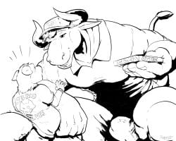 2025 anthro anthro_pred black_and_white bovid bovine box bulge canid canine canis cattle clock clothed clothed_male clothing container dated delivery_(commerce) delivery_employee duo food_delivery fur hair hat headgear headwear hi_res horn looking_at_another looming looming_over male male/male mammal monochrome muscular muscular_male pandottermon pizza_box pizza_delivery shirt signature simple_background size_difference smile surprised tail text text_on_clothing text_on_shirt text_on_topwear topwear vore watch white_background wolf