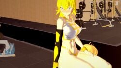 2girls abs big_breasts blonde_female blonde_hair busty clothed_female darkslayer_(artist) female female_only gym_clothes gym_shorts gym_uniform long_hair long_hair_female midriff purple_eyes push-up robotic_arm rwby sitting_on_person toned voluptuous weights yang_xiao_long