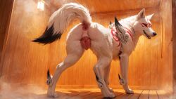 ai_generated amaterasu_(okami) animal_genitalia animal_pussy anus black_tail_tip canid canine canine_genitalia canine_pussy canis crimson_fenrir_(director) female feral fur genitals hi_res looking_back mammal markings okami_(capcom) pussy red_markings sauna solo standing steam white_body white_fur wolf