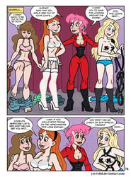 blonde_hair blush blushing bondage bra brown_hair comic english_text female female_only ginger_hair ginny_weasley happy harry_potter heels hermione_granger hogsmeade kinky_curses lingerie luna_lovegood nymphadora_tonks orange_hair panties pink_hair red_hair shop shopping smile smiling speech_bubble standing store talking taped_nipples text thigh_highs thighhighs underwear undressing white_lingerie witch yes_i_did yuri