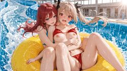 2girls 4k accidental_exposure ai_generated bangs bikini blonde_hair blue_eyes blush breasts cleft_of_venus clothes_lift day embarrassed hair_intakes hair_ribbon hug hug_from_behind inflatable long_hair multiple_girls nipples open_mouth outdoors panties_aside pussy red_eyes red_hair ribbon slide smile splashing spread_legs stable_diffusion swimsuit teeth twintails uncensored untied_bikini wardrobe_malfunction water water_slide waterpark waterside wet wetartist