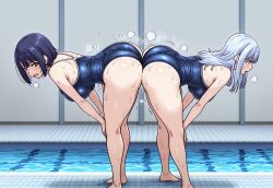 2girls ai_generated ass ass-to-ass bending_over bent_over bubble_butt campbell_mira full_body huge_ass kujou_shizuru looking_at_viewer medium_breasts oide_yo!_shiritsu_yarima_x_rigakuen one-piece_swimsuit pool poolside school_swimsuit standing swimsuit thick_thighs wet wet_ass