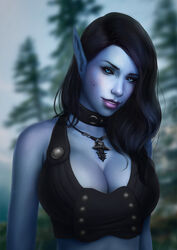 1girls aria_bal bethesda_softworks black_hair blue_eyes choker cleavage elf_ears eyelashes female female_only lipstick long_hair necklace pointy_ears skimpy skyrim solo solo_female tagme the_elder_scrolls