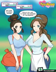 2girls big_breasts blue_eyes brown_eyes brown_hair english_text eyes_closed female female_only gameplay_mechanics human large_breasts long_hair looking_at_viewer loutaniart mature_female milf mother mother_(pokemon_bw) mother_(pokemon_bw2) multiple_girls nintendo one_eye_closed pale-skinned_female pale_skin pokemon pokemon_battle pokemon_bw pokemon_bw2 ponytail smile speech_bubble text thick_thighs thighs url watermark