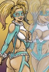 ass ass_focus blonde_female blonde_hair breasts capcom cleavage cosplay dc dc_comics female fit fit_female harley_quinn heart_cutout light-skinned_female light_skin medium_breasts rainbow_mika_(cosplay) reflection street_fighter toned toned_female turkenjamez twintails