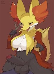 1futa 2020 anthro balls blush breasts canid delphox dickgirl fur furry futa_only futanari genitals gynomorph hi_res holding_object honeycalamari humanoid_genitalia humanoid_penis inner_ear_fluff intersex mammal multicolored_body multicolored_fur nintendo open_mouth penis pokémon_(species) pokemon signature simple_background solo stick tongue tongue_out tuft uncircumcised uncut video_games