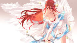 angry_face arched_back arrow blushing bow_(weapon) bows breasts_pressed_together bride cait cleavage cordelia_(bridal)_(fire_emblem) cordelia_(fire_emblem) drawing_weapon fire_emblem fire_emblem_awakening fire_emblem_heroes flowing_hair hair_between_eyes hair_ornament inner_thighs lace leaning_forward medium_breasts necklace preparing_to_attack red_eyes red_hair ribbons thick_thighs thighs torn_clothing very_long_hair wedding_dress