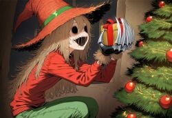 1girls ai_generated christmas christmas_out christmas_tree claws clothed clothing female flat_chest gloves hat holidays hollow_eyes horror horror_(theme) kaela_(paigen) light_brown_hair long_hair metal_claws monster_girl no_eyes original original_character paigen scarecrow scarecrow_girl skinny stitched_mouth stitches straw_hat