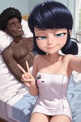 1boy 1girls abs afro after_sex ai_generated aqua_eyes bare_shoulders bed bed_sheet bedroom black_hair blue_eyes blue_hair blush breasts closed_eyes closed_mouth collarbone covered_navel curtains dark-skinned_male dark_skin exhausted female flat_chest half-closed_eyes indoors interracial lips looking_at_viewer low_twintails lying male marinette_dupain-cheng meme miraculous_ladybug muscular naked_towel on_back on_bed outstretched_arm paw_print pillow reaching reaching_towards_viewer selfie short_hair short_twintails sitting sleeping small_breasts smile smug straight sweat swept_bangs towel twintails v very_dark_skin wet window
