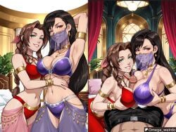 2girls 2girls1boy aerith_gainsborough ai_generated arm_behind_head armlet armpits bed bedroom big_breasts black_hair braided_ponytail breasts brown_hair cleavage dancer dancer_outfit double_paizuri earrings embrace female ffm_threesome final_fantasy final_fantasy_vii green_eyes hair_ribbon harem_outfit huge_breasts jewelry long_hair looking_at_viewer medium_breasts mouth_veil multiple_views nail_polish omega_weirdo paizuri patreon pov pov_paizuri red_eyes seductive service servicing_from_below servitude slave_girl smile smiling_at_viewer standing threesome tifa_lockhart titjob