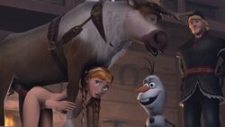 1girls 3d animal_genitalia anna_(frozen) being_watched braids clothed_male_nude_female disney from_behind frozen_(film) interspecies kristoff_(frozen) nipples nude_female olaf_(frozen) penis shittyhorsey sven_(frozen) testicles watching zoophilia