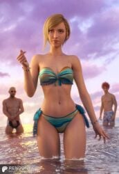 1girls 2boys 3d 3d_(artwork) 3d_model 3d_render bald beach beach_shorts big_breasts bikini bikini_bottom blonde_hair brown_hair ear_piercing earrings elena_(final_fantasy) female_focus final_fantasy final_fantasy_vii final_fantasy_vii_rebirth final_fantasy_vii_remake fit_female highres hourglass_figure in_water jewelry red_hair rendonyx reno_(ff7) rude_(final_fantasy_vii) short_hair strapless_bikini sunglasses water