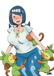 1girls ambiguous_gender big_breasts blue_eyes blue_hair blush breast_grab chouku_tetsushitsuiwa female green_fur grookey human lana's_mother_(pokemon) larger_female long_hair mature_female milf mob_face mother nintendo pandaranohako pokémon_(species) pokemon pokemon_sm pokemon_ss size_difference smaller_feral sweat thick_thighs touching voluptuous white_background