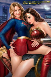 2girls actress amelodyj arrowverse celebrity clothed clothes dc_comics dc_extended_universe diana_prince female female_only fingering fingering_self fit gal_gadot kara_zor-el lifting lifting_leg looking_at_viewer melissa_benoist multiple_girls real_person realistic rzhevskii sitting skirt supergirl superheroine superman_(series) wonder_woman wonder_woman_(series) yuri