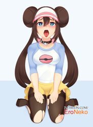 1girls black_pantyhose blue_eyes breasts brown_hair choker double_bun eroneko female hat heart-shaped_pupils human long_hair looking_pleasured nintendo open_mouth pale-skinned_female pale_skin pantyhose patreon_username pokemon pokemon_bw2 ripped_pantyhose rosa_(pokemon) sitting skirt text tongue_out twintails url