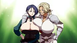 2girls arm_around_shoulders big_breasts blonde_hair blue_hair catherine_(fire_emblem) cleavage dark-skinned_female female female_only fire_emblem fire_emblem:_three_houses huge_breasts multiple_girls nintendo purple_eyes shamir_nevrand smile source_request ydbunny