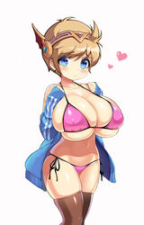 bikini blue_eyes blush evan_(maplestory) gender_transformation genderswap huge_ass huge_breasts maplestory open_shirt short_hair shuz_(dodidu)