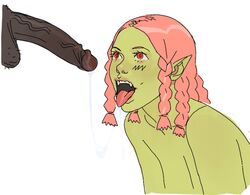 1boy 1girls balls chrggggg close-up dark-skinned_male dark_skin disembodied_penis erection fantasy female green_skin interracial male oral orange_hair orc orc_female penis pink_hair pointy_ears red_eyes saliva sex tongue_out white_background