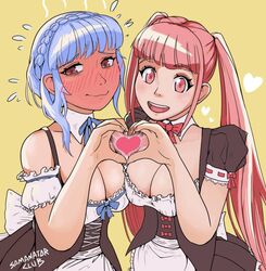 2girls blue_hair blush braid cleavage cute embarrassed female_only fire_emblem fire_emblem:_three_houses heart heavy_blush hilda_valentine_goneril large_breasts light-skinned_female light_blush light_skin long_hair maid maid_uniform marianne_von_edmund multiple_girls nervous nervous_smile nintendo open_mouth open_smile pink_eyes pink_hair samanator_club short_hair smile twintails