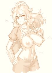 breasts_out gaken_if large_breasts monochrome nipples rwby shirt_lift sweat tagme yang_xiao_long