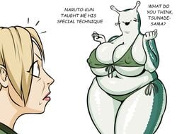 2girls anthro ass belly big_ass big_belly big_breasts bikini blonde_hair breasts brown_eyes busty chubby english_text fat female female_only huge_belly human katsuyu kostos_art multiple_girls naruto naruto_(classic) overweight shocked shocked_expression slightly_chubby slug tsunade voluptuous white_skin