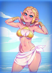 big_breasts blonde_hair breath_of_the_wild camera_rune demigoddess female female_only green_eyes kajinman nintendo princess_zelda solo tan tanline tears_of_the_kingdom the_legend_of_zelda triforce_bikini zelda_(tears_of_the_kingdom)