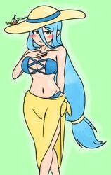 1girls alternate_breast_size azura_(fire_emblem) bare_legs bare_shoulders big_breasts bikini blue_hair blush breasts female fire_emblem fire_emblem_fates hand_on_chest hat long_hair looking_at_viewer midriff nintendo petelewddigger solo solo_female solo_focus sun_hat swimsuit towel very_long_hair yellow_eyes