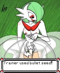 anthro battle bullet_seed_(pokémon_move) cowgirl_position cum dress english_text female_on_top game_freak gameplay_mechanics gardevoir grass green_hair handjob humanoid mega_evolution mega_gardevoir migi_rider nintendo on_top pokémon pokémon_(species) pokemon pokemon_(species) pokemon_battle pokemon_move red_eyes ride riding text text_box vaginal_insertion vaginal_penetration white_dress woman_on_top