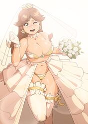 1girls alternate_breast_size alternate_costume big_breasts bouquet bra brown_hair cleavage clothing female female_only flower freeglass frills holding_bouquet large_breasts lingerie long_hair mario_(series) nintendo nude_bride one_eye_closed open_mouth panties princess_daisy raised_leg revealing_clothes simple_background smile solo solo_female solo_focus standing thighhighs underwear wedding_dress wedding_lingerie