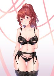 1girls anna_(fire_emblem) anna_(fire_emblem_fates) arm_behind_back banglinh1997 bare_shoulders black_lingerie black_underwear female fire_emblem fire_emblem_fates head_tilt high_ponytail light_blush lingerie midriff ponytail red_eyes red_hair smile solo solo_female solo_focus stockings thighhighs thighs underwear wide_hips