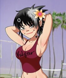 1girls alternate_costume alternate_version_available armpits arms_behind_head arms_up asian belly belly_button big_breasts black_hair breasts cleavage clothed clothing cyborg cyborg_noodle edit female female_focus female_only flower gorillaz hair_flower noodle_(gorillaz) noodle_(humility) outdoors palm_tree pose public red_tank_top sexy_armpits shadman sky smile solo solo_female solo_focus tank_top text text_on_clothing text_on_shirt text_on_topwear