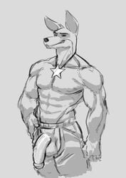 101_dalmatians 1boy anthro arcquosnsfw canine disney flaccid furry grayscale grin hand_on_hip looking_at_viewer male_only monochrome muscular penis penis_out pose presenting sketch standing thunderbolt_(101_dalmatians) topless